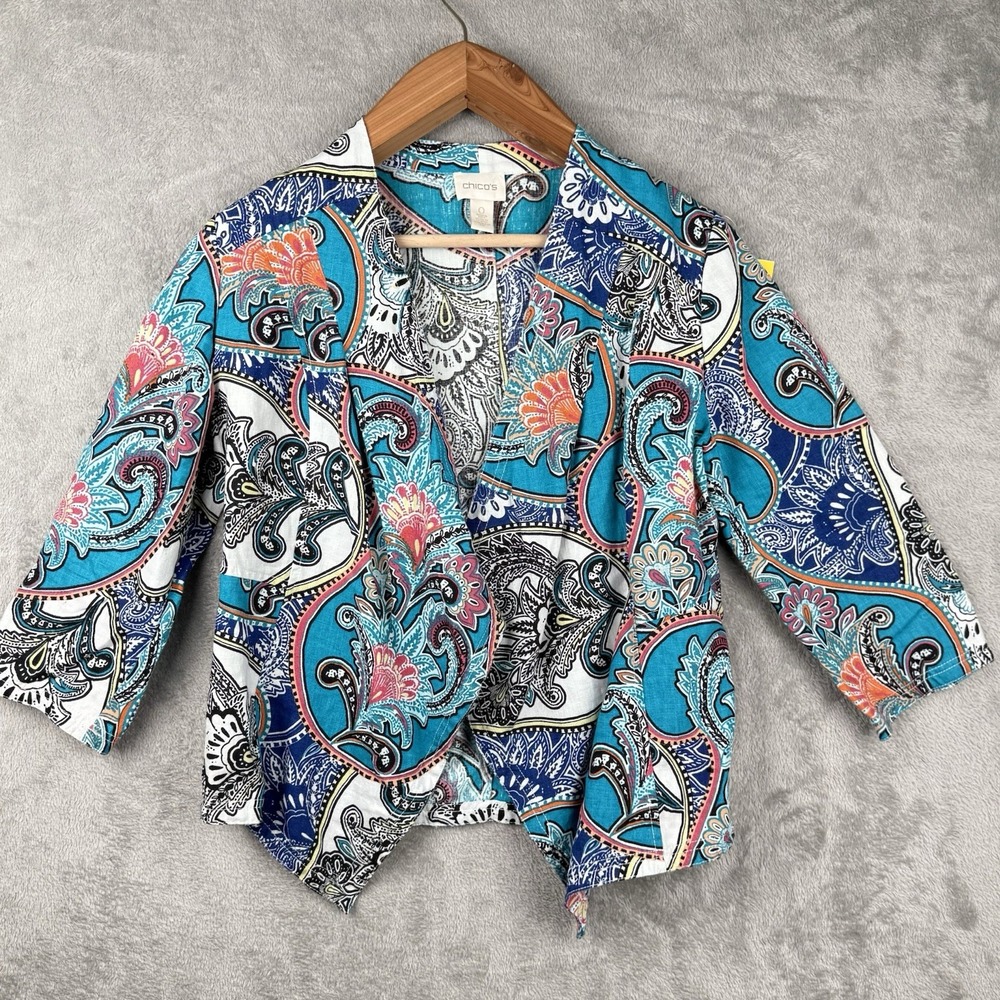Chicos Open Front Cardigan Women Size 0 Linen Paisley Blazer Multicolor Workwear